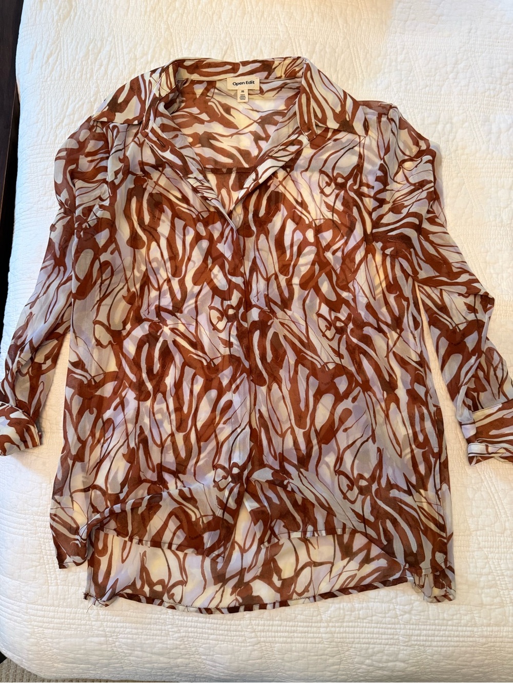 Sheer Brown Abstract Print Button-Up Blouse - Open Edit